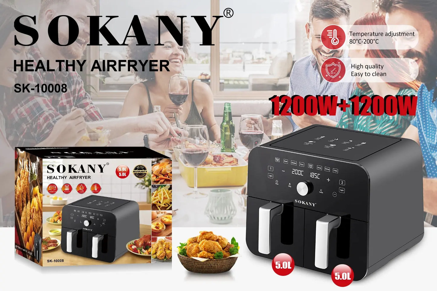 Healthy Air Fryer Dual Basket 5L+5L - SOKANY